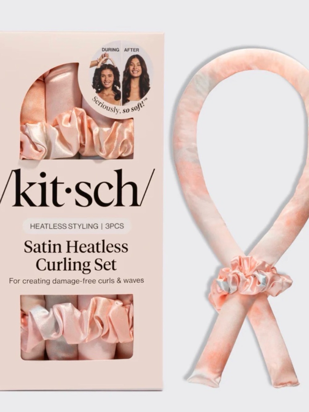 Kitsch Satin Heatless Curling Set - Peach/Pale Pink brand new